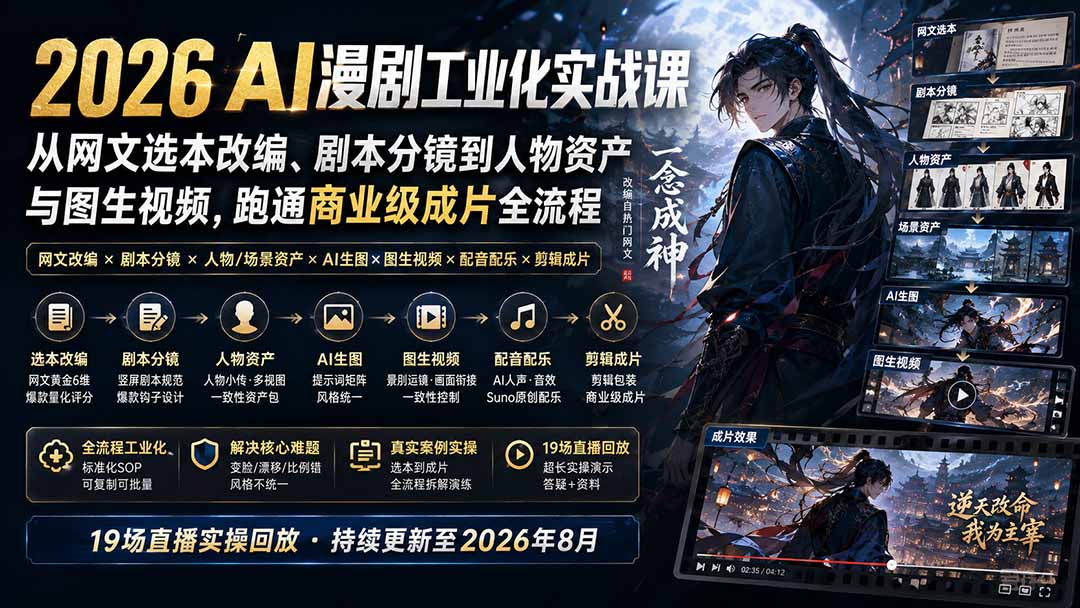 2026 AI漫剧工业化实战课-更新:从网文选本改编、剧本分镜到人物资产与图生视频,跑通商业级成片全流程 2026 AI漫剧工业化实战课-更新:从网文选本改编、剧本分镜到人物资产与图生视频,跑通商业级成片全流程