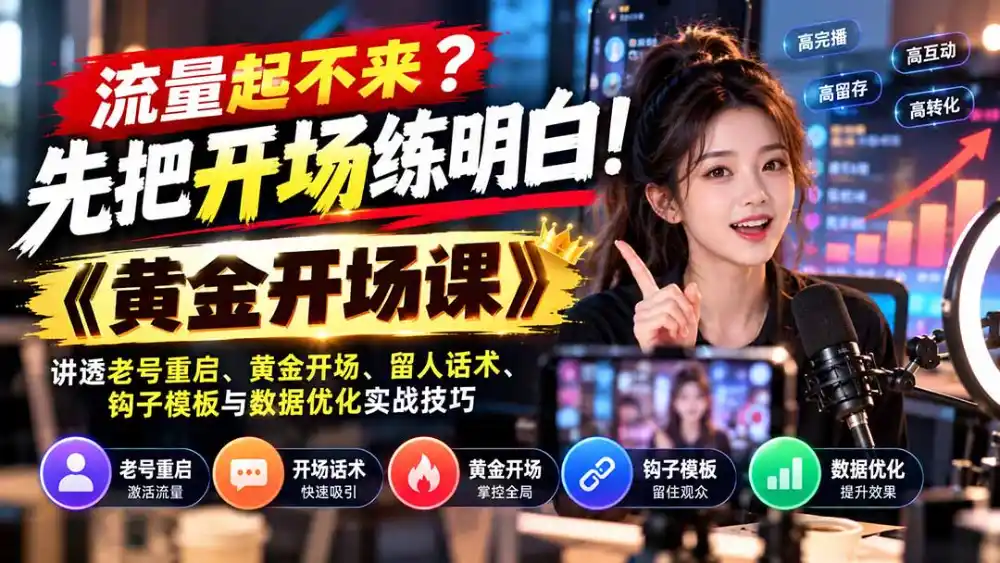 流量起不来？先把开场练明白！《黄金开场课》讲透老号重启、黄金开场、留人话术、钩子模板与数据优化实战技巧