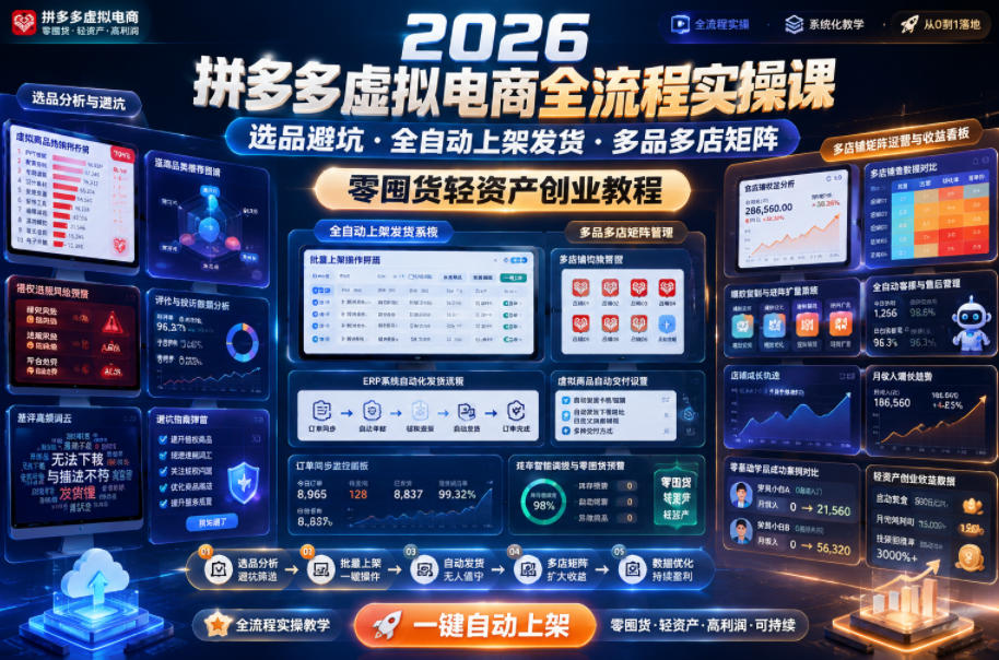 2026拼多多虚拟电商全流程实操课，选品避坑・全自动上架发货・多品多店矩阵，零囤货轻资产创业教程-百盟网