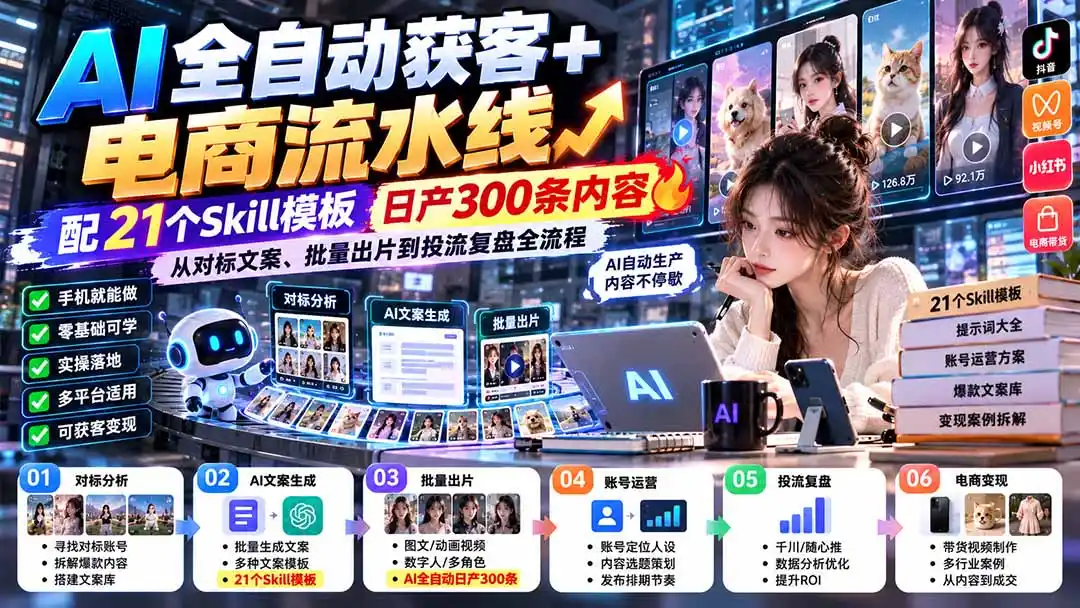 【无水印】AI全自动获客+电商流水线：配21个Skill模板，日产300条内容，从对标文案、批量出片到投流复盘全流程-百盟网