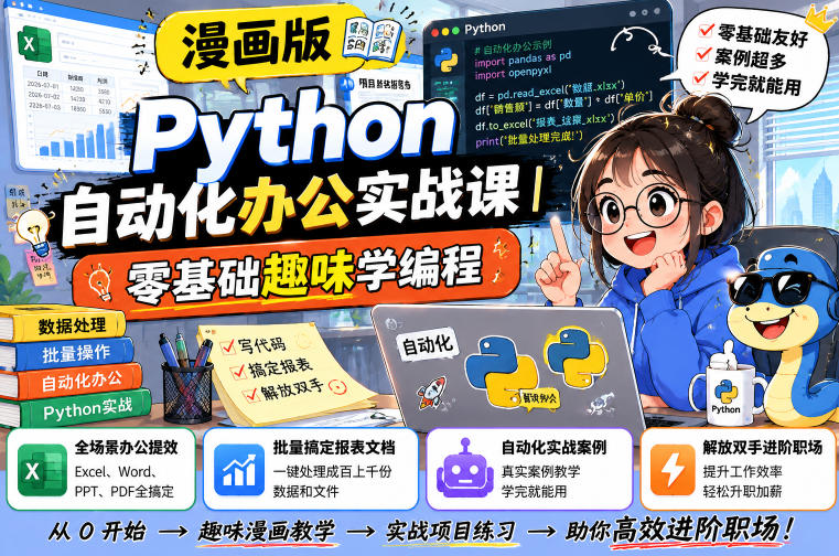 漫画版Python自动化办公实战课｜零基础趣味学编程，全场景办公提效、批量搞定报表文档、解放双手进阶职场-百盟网