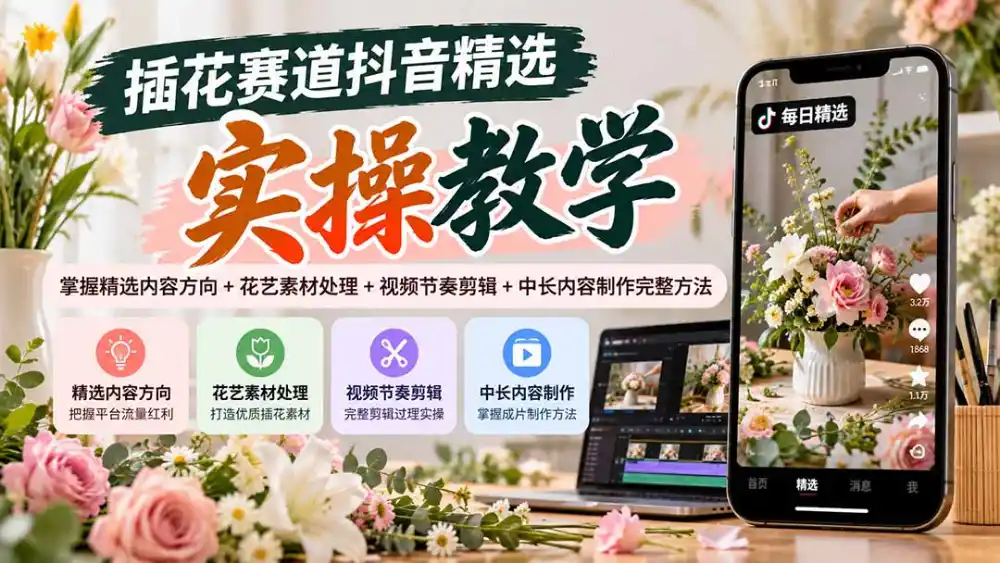 插花赛道抖音精选实操教学：掌握精选内容方向+花艺素材处理+视频节奏剪辑+中长内容制作完整方法