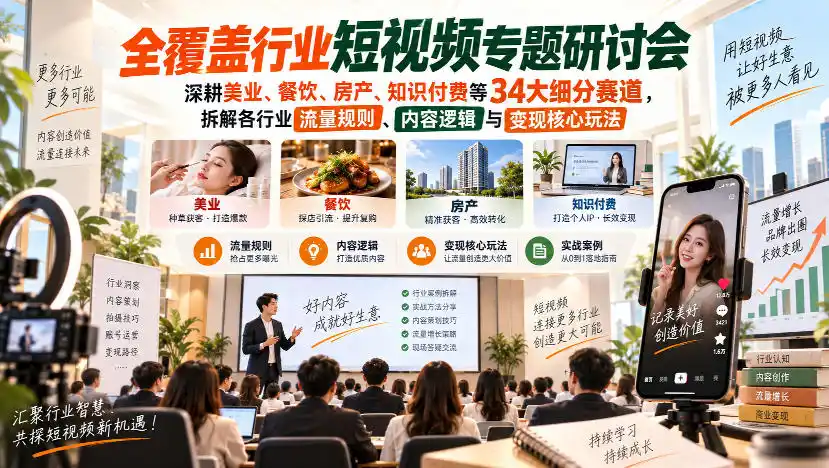 短视频专题研讨会,深耕美业、餐饮、房产、知识付费等34大细分赛道,拆解各行业流量规则、内容逻辑与变现核心玩法-百盟网