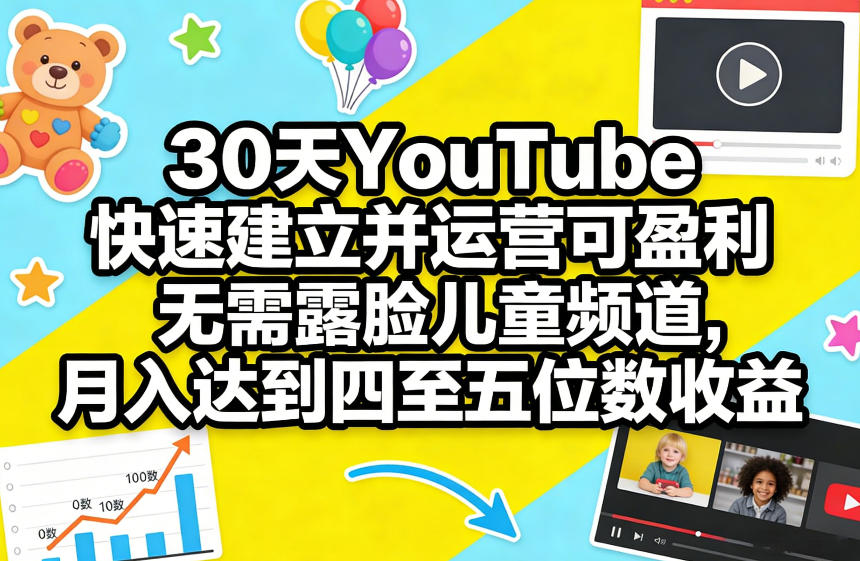 30天YouTube快速建立并运营可盈利无需露脸儿童频道，月入达到四至五位数收益-百盟网