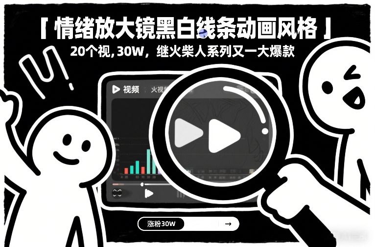 情绪放大镜黑白线条动画风格，20个视频，涨粉30W，继火柴人系列又一大爆款-百创网