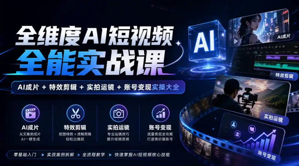 全维度AI短视频全能实战课,AI成片+特效剪辑+实拍运镜+账号变现实操大全 全维度AI短视频全能实战课,AI成片+特效剪辑+实拍运镜+账号变现实操大全