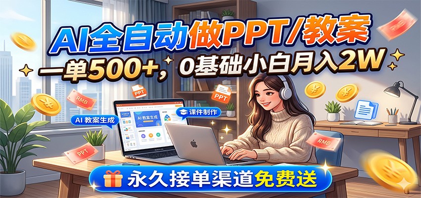 AI全自动做PPT/教案，一单500+，0基础小白月入2W，永久接单渠道免费送-百盟网