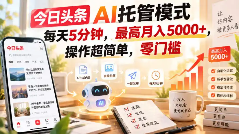 今日头条AI托管模式，每天5分钟，最高月入5000+，操作超简单，零门槛【揭秘】-百盟网