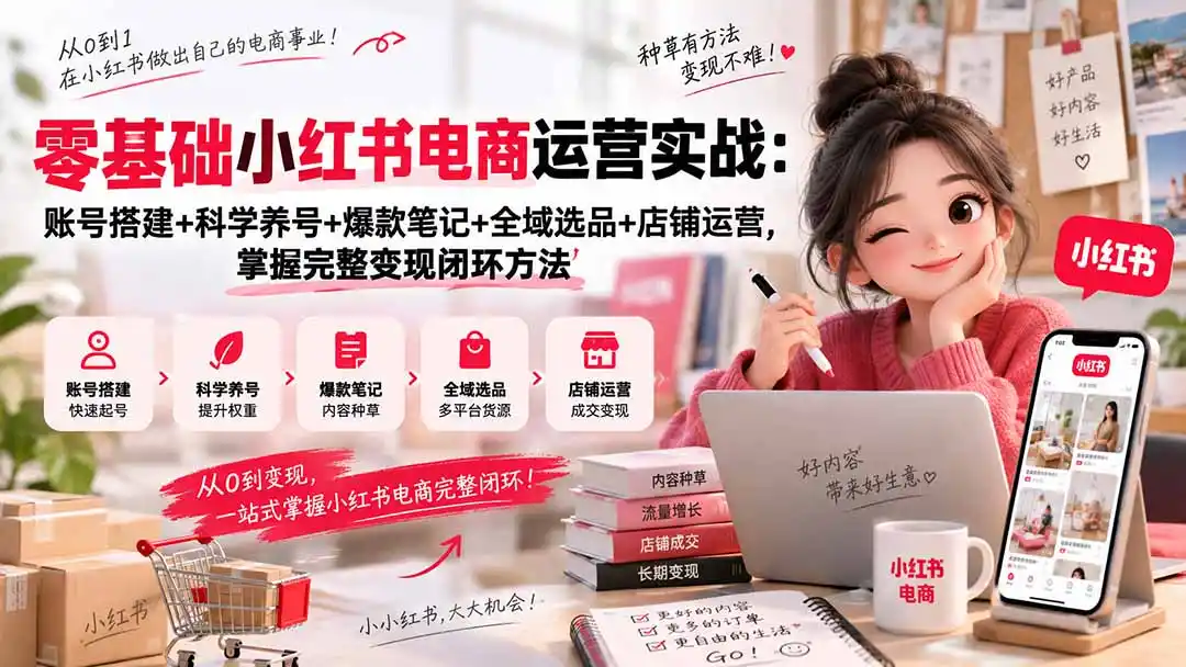 零基础小红书电商运营实战：账号搭建+科学养号+爆款笔记+全域选品+店铺运营，掌握完整变现闭环方法-百盟网