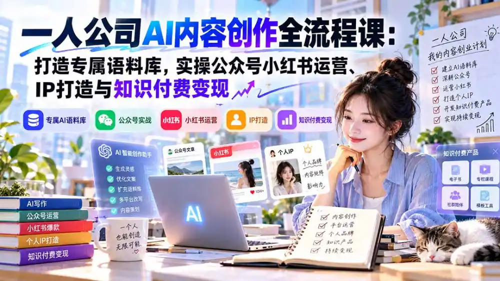 一人公司AI内容创作全流程课：打造专属语料库，实操公众号小红书运营、IP打造与知识付费变现方法论-百盟网