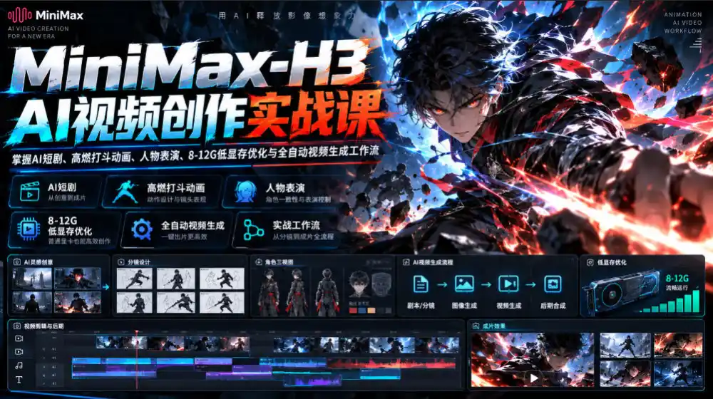 MiniMax-H3 AI视频创作实战课,掌握AI短剧、高燃打斗动画、人物表演、8-12G低显存优化与全自动视频生成工作流 MiniMax-H3 AI视频创作实战课,掌握AI短剧、高燃打斗动画、人物表演、8-12G低显存优化与全自动视频生成工作流