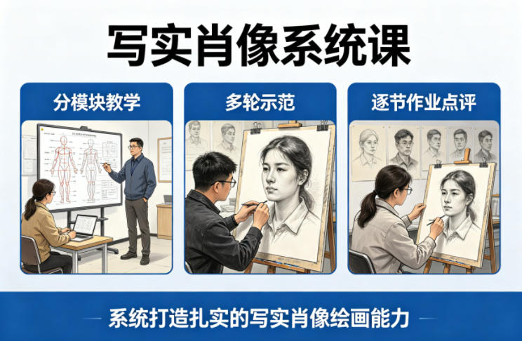 写实肖像系统课，全程分模块教学+多轮示范+逐节作业点评，系统打造扎实的写实肖像绘画能力-百盟网