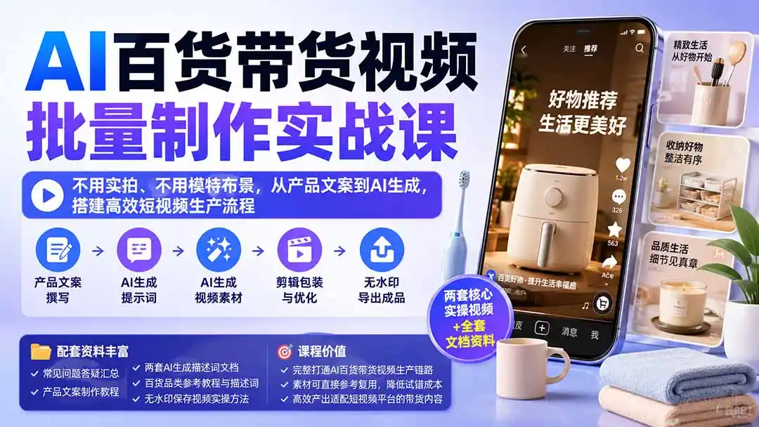 AI百货带货视频批量制作实战课:不用实拍、不用模特布景,从产品文案到AI生成,搭建高效短视频生产流程 AI百货带货视频批量制作实战课:不用实拍、不用模特布景,从产品文案到AI生成,搭建高效短视频生产流程