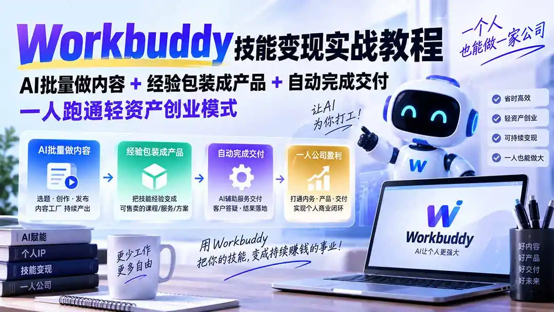 Workbuddy技能变现实战教程：AI批量做内容+经验包装成产品+自动完成交付，一人跑通轻资产创业模式-百盟网