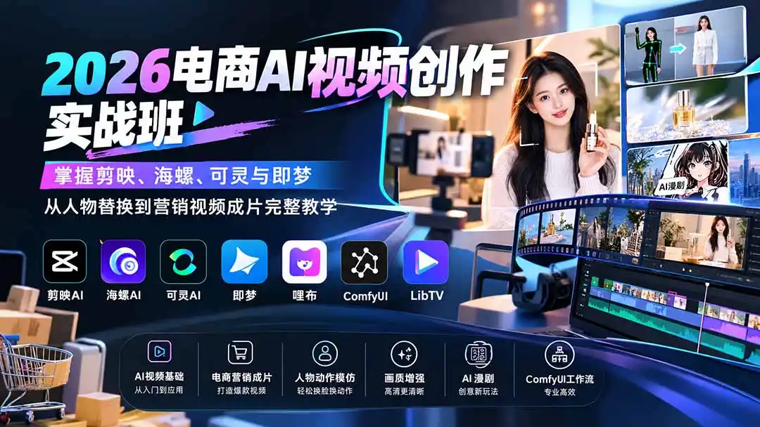 2026电商AI视频创作实战班:掌握剪映、海螺、可灵与即梦,从人物替换到营销视频成片完整教学-百盟网