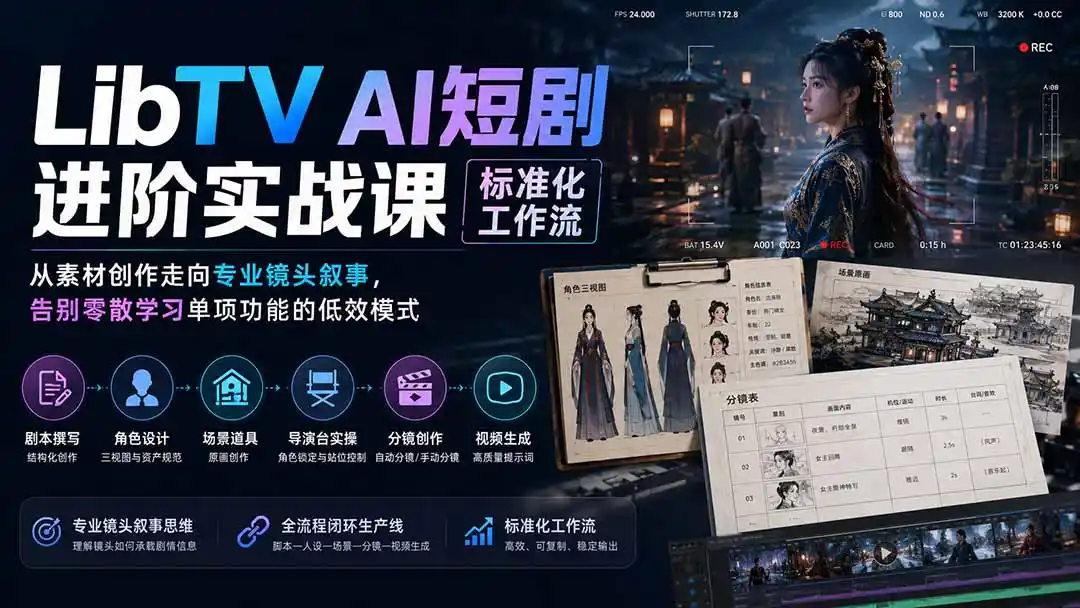 LibTV AI短剧进阶实操课标准化工作流；从素材创作走向专业镜头叙事，告别零散学习单项功能的低效模式-百盟网