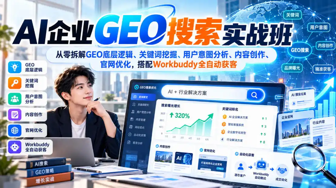 AI企业GEO搜索实战班，从零拆解GEO底层逻辑、关键词挖掘、用户意图分析、内容创作、官网优化，搭配Workbuddy全自动获客-百盟网
