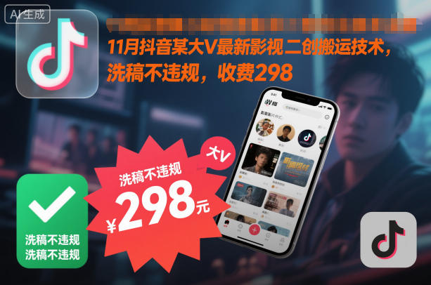 11月抖音某大V最新影视二创搬运技术，洗稿不违规，收费298-百创网