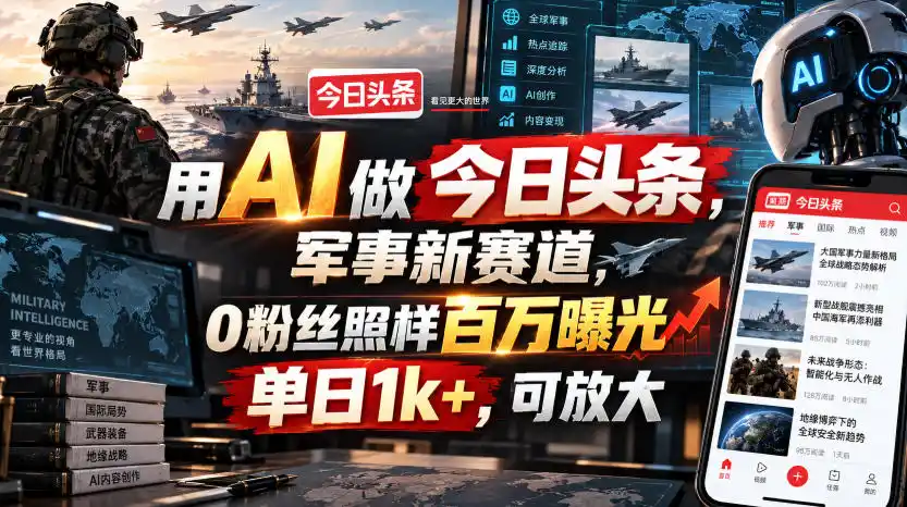 用AI做今日头条，军事新赛道，0粉丝照样百万曝光，单日1k+，可放大-百盟网