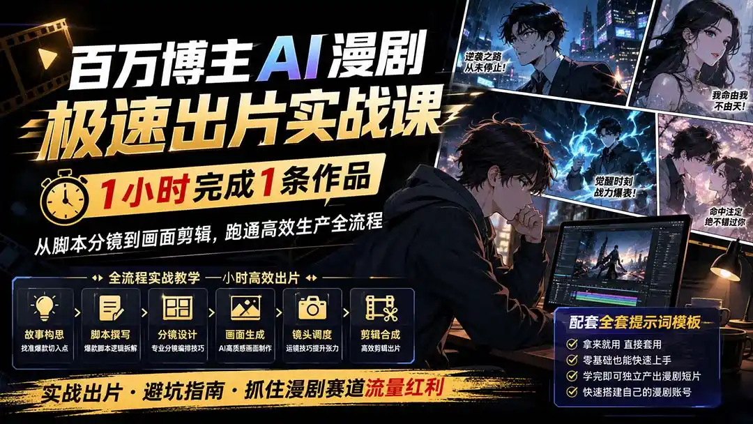 百万博主AI漫剧极速出片实战课：1小时产出条作品，从脚本分镜到画面剪辑，跑通高效生产全流程-百盟网