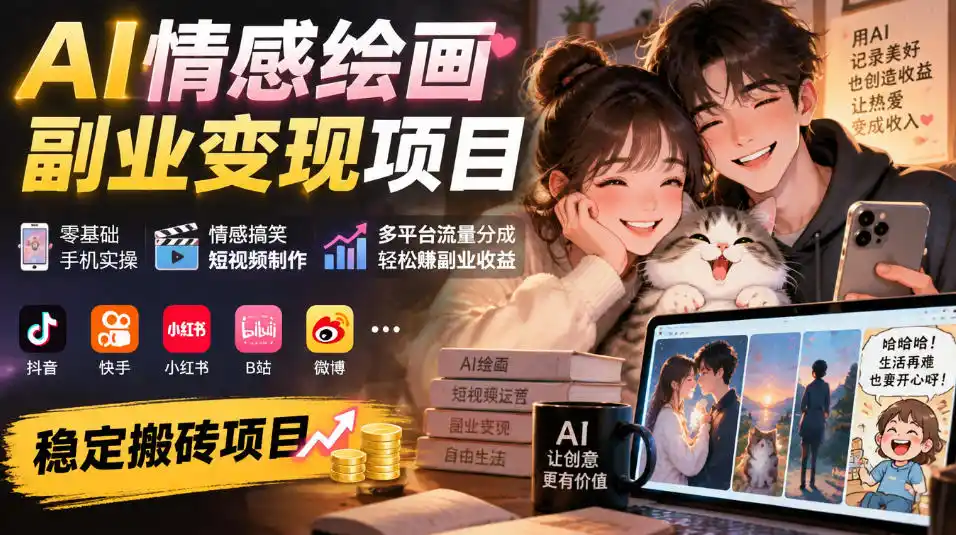 AI情感绘画副业变现项目｜零基础手机实操，情感搞笑短视频制作，多平台流量分成轻松賺副业收益-百盟网