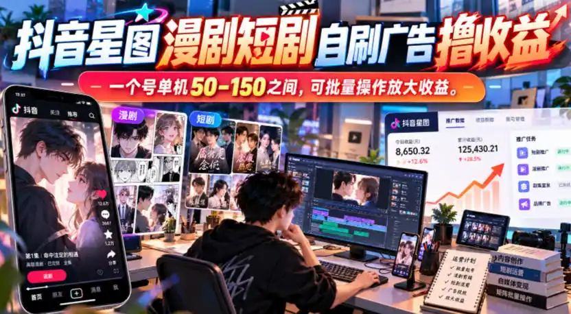 抖音星图漫剧短剧自刷广告撸收益,一个号单机50-150之间,可批量操作放大收益 抖音星图漫剧短剧自刷广告撸收益,一个号单机50-150之间,可批量操作放大收益