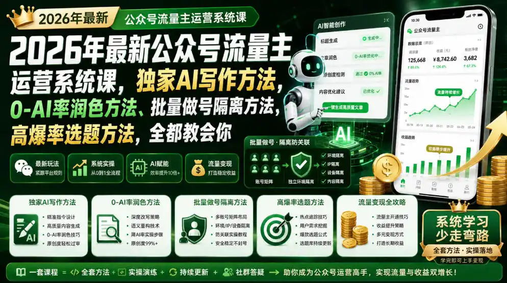 2026年最新公众号流量主运营系统课，独家AI写作方法，0-AI率润色方法、批量做号隔离方法、高爆率选题方法，全都教会你(更新1009)-百盟网