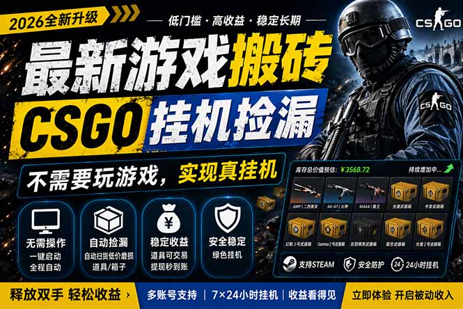 最新游戏搬砖，CSGO纯挂机，不需要玩游戏，实现真挂机，月入1W+，五一小高峰上车可吃肉，…-百盟网