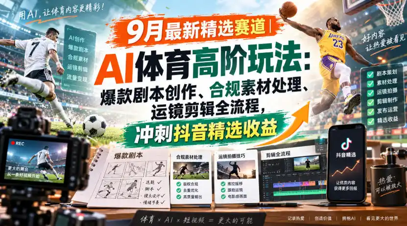 某大佬的9月最新精选赛道之AI体育顶级玩法,爆款剧本创作、版权规避、运镜剪辑全流程,稳拿抖音精选收益-百盟网