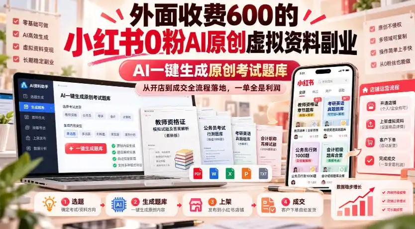 外面收费600的小红书0粉AI原创虚拟资料副业，AI一键生成原创考试题库，从开店到成交全流程落地，一单全是利润-百盟网