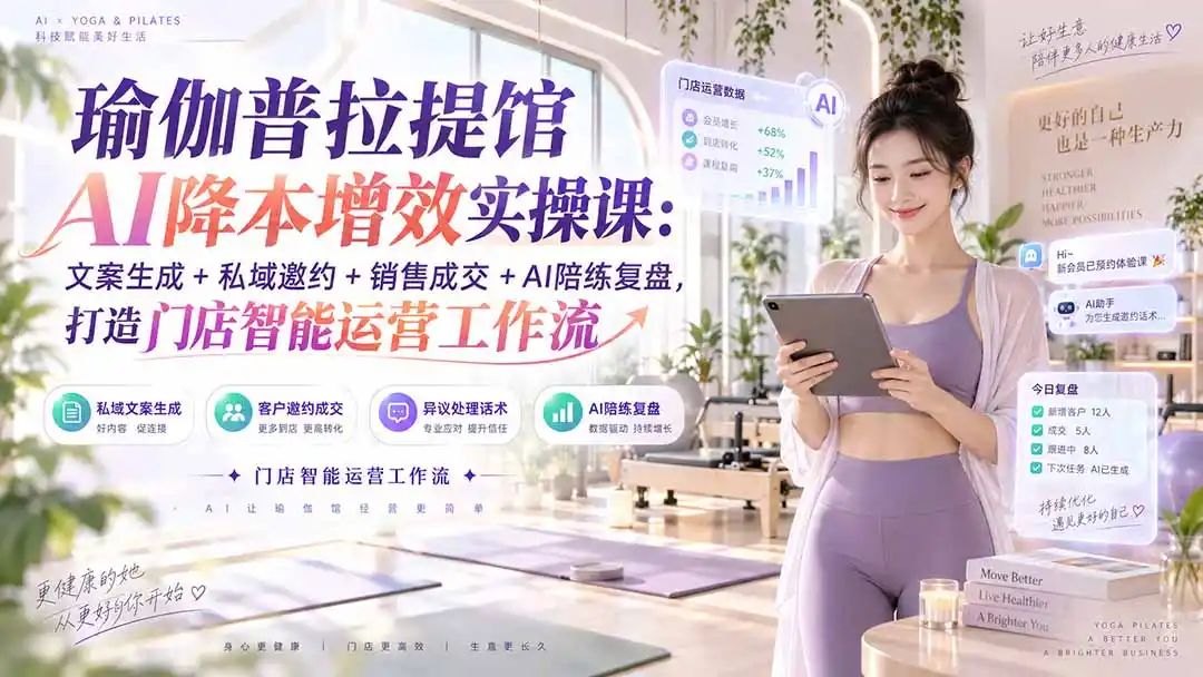 瑜伽普拉提馆AI降本增效实操课:文案生成+私域邀约+销售成交+AI陪练复盘,打造门店智能运营工作流-百盟网