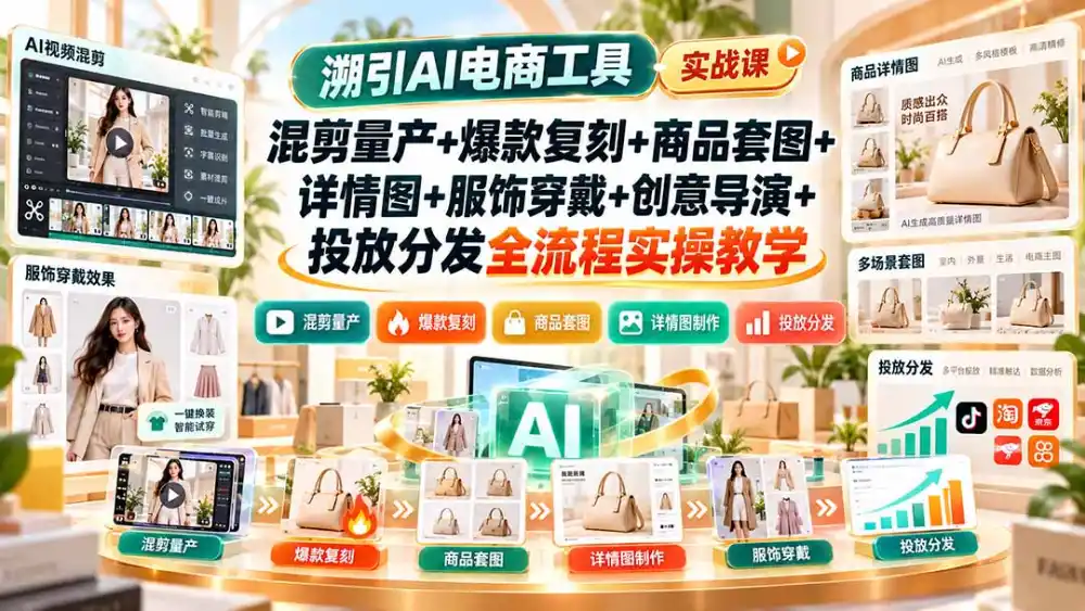 溯引AI电商工具实战课：混剪量产+爆款复刻+商品套图+详情图+服饰穿戴+创意导演+投放分发全流程实操教学-百盟网