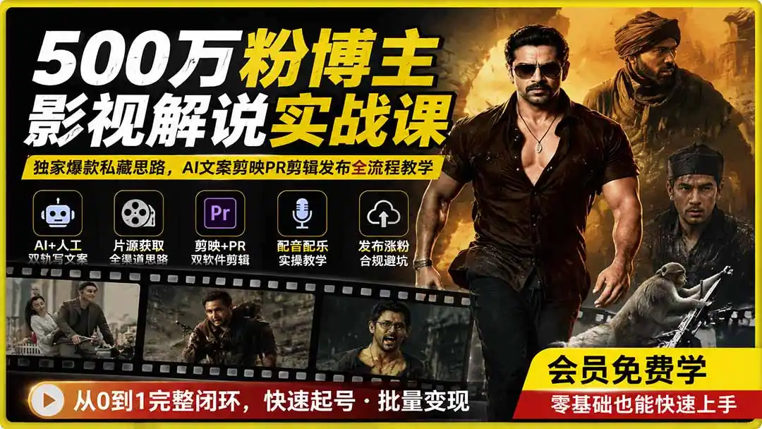 500万粉博主影视解说实战课｜独家爆款私藏思路，AI文案剪映PR剪辑发布全流程教学-百盟网