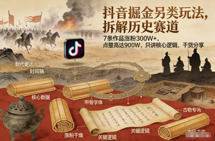抖音掘金另类玩法，拆解历史赛道，7条作品涨粉300W+，点赞量高达900W，只讲核心逻辑，干货分享-百创网