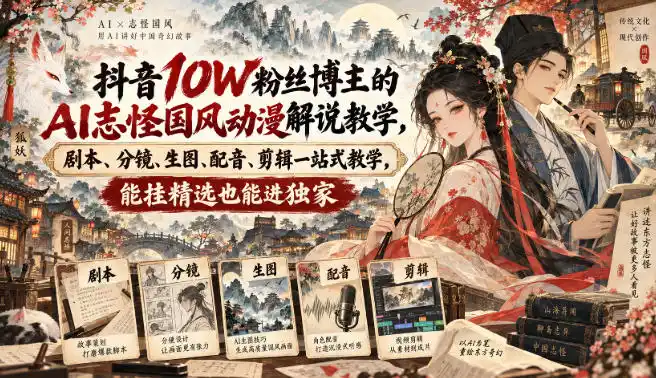 抖音10W粉丝博主满堂诡事的AI志怪国风动漫解说教学，剧本、分镜、生图、配音、剪辑一站式教学，能挂精选也能进独家