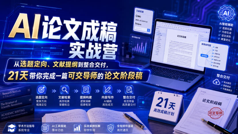 AI论文成稿实战营，从选题定向、文献提纲到整合交付，21天带你完成一篇可交导师的论文阶段稿-百盟网