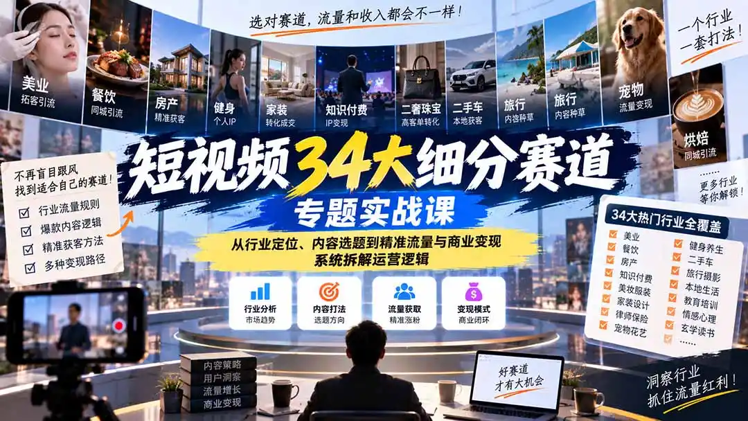 短视频34大细分赛道专题实战课：从行业定位、内容选题到精准流量与商业变现，系统拆解运营逻辑-百盟网