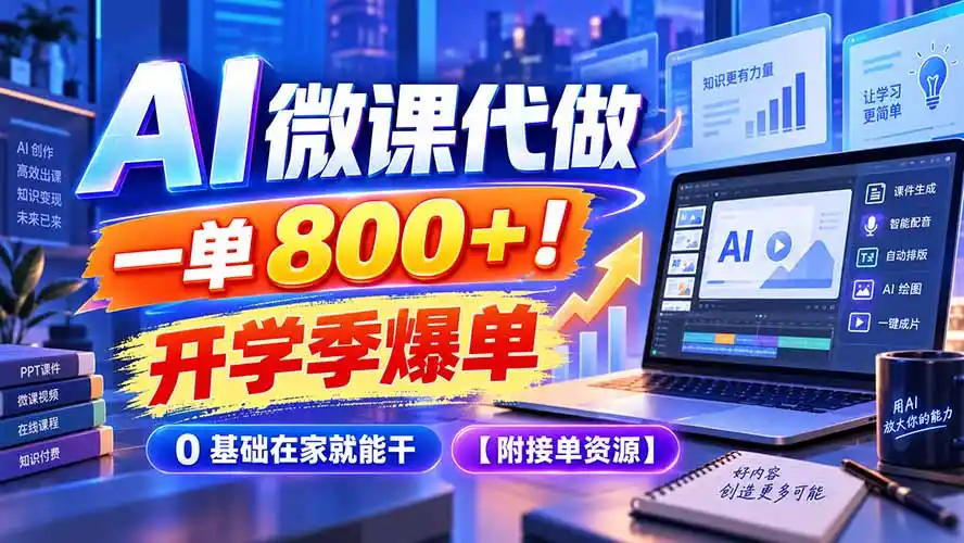 AI 微课代做，一单 800+！开学季爆单，0 基础在家就能干【附接单资源】-百盟网