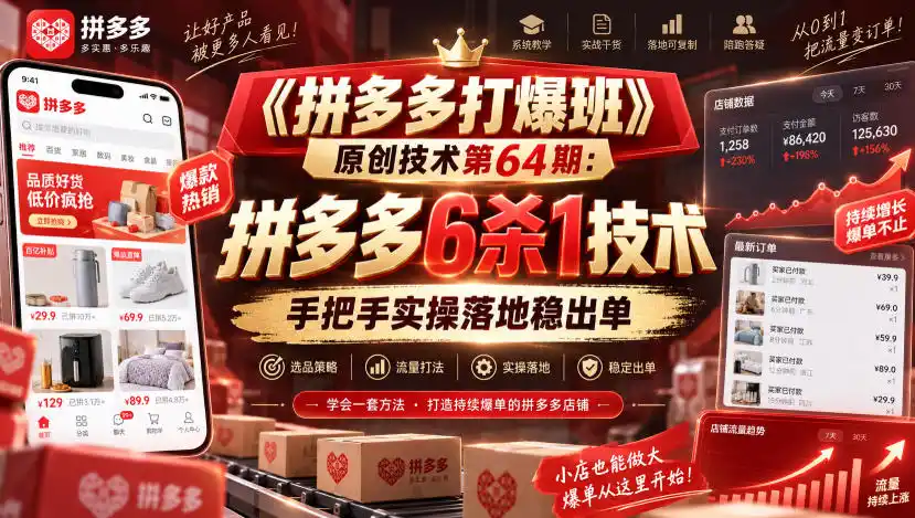 《拼多多打爆班》原创技术第64期：拼多多6杀1技术，手把手实操落地稳出单-百盟网