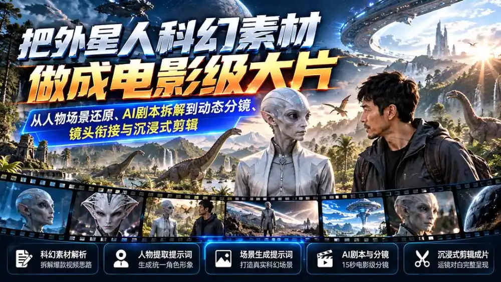 把外星人科幻素材做成电影级大片:从人物场景还原、AI剧本拆解到动态分镜、镜头衔接与沉浸式剪辑 把外星人科幻素材做成电影级大片:从人物场景还原、AI剧本拆解到动态分镜、镜头衔接与沉浸式剪辑