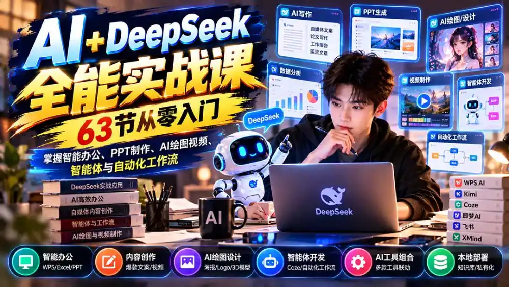 AI+DeepSeek全能实战课：63节从零入门，掌握智能办公、PPT制作、AI绘图视频、智能体与自动化工作流-百盟网