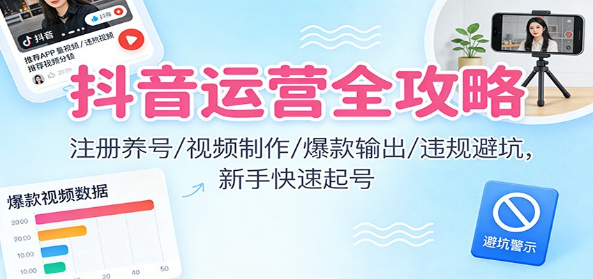 抖音运营全攻略:注册养号/视频制作/爆款输出/违规避坑,新手快速起号-百创网