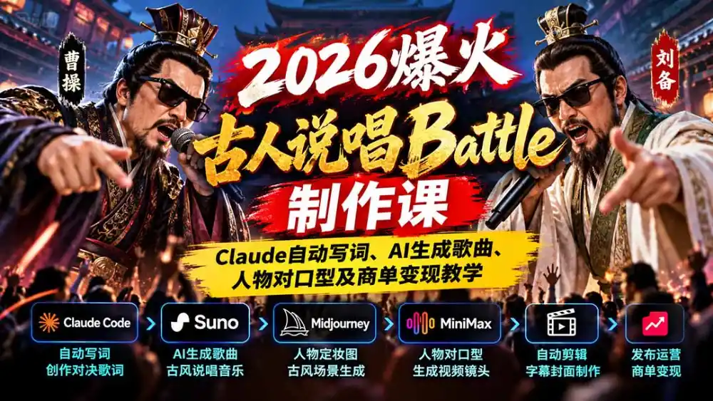 2026爆火古人说唱Battle制作课：Claude自动写词、AI生成歌曲、人物对口型及商单变现教学-百盟网