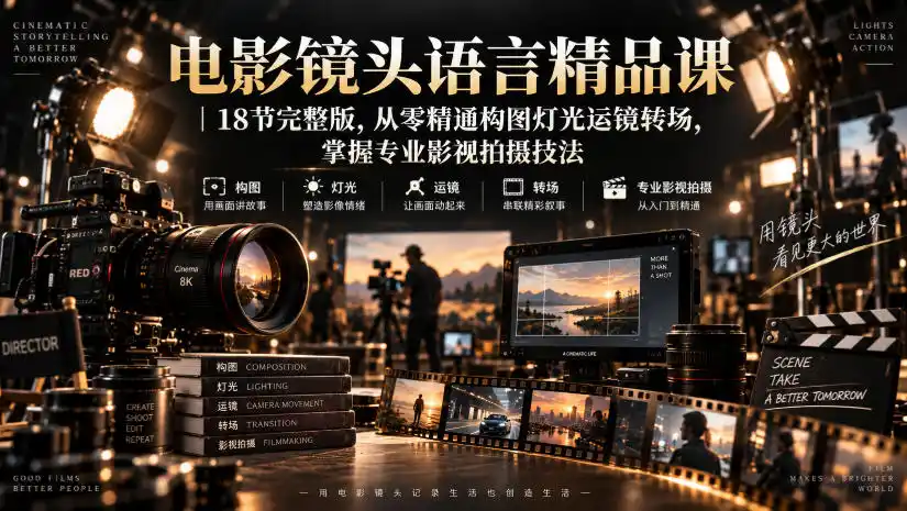 电影镜头语言精品课|18节完整版,从零精通构图灯光运镜转场,掌握专业影视拍摄技法-百盟网