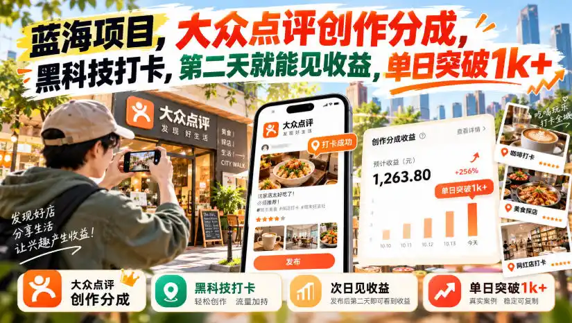 蓝海项目，大众点评创作分成，黑科技打卡，第二天就能见收益，单日突破1k+【揭秘】-百盟网
