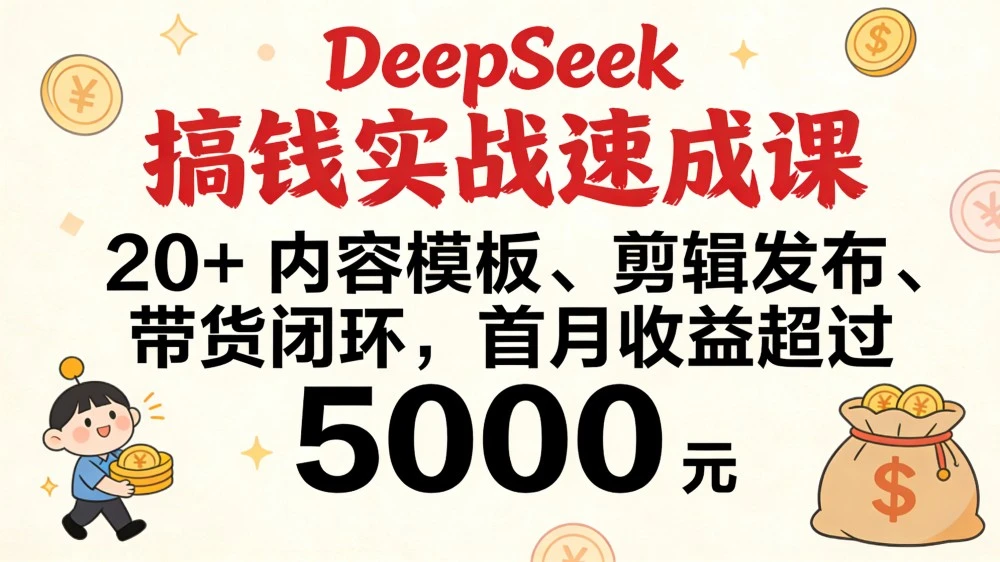 DeepSeek 搞钱实战速成课，20+ 内容模板、剪辑发布、带货闭环，首月收益超过 5000 元-百创网