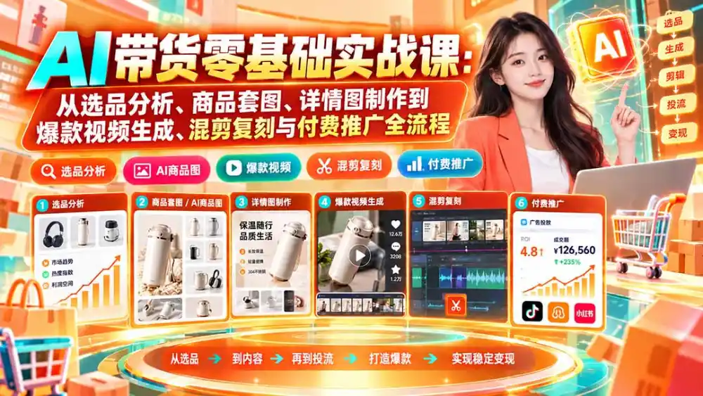 AI带货零基础实战课:从选品分析、商品套图、详情图制作到爆款视频生成、混剪复刻与付费推广全流程 AI带货零基础实战课:从选品分析、商品套图、详情图制作到爆款视频生成、混剪复刻与付费推广全流程