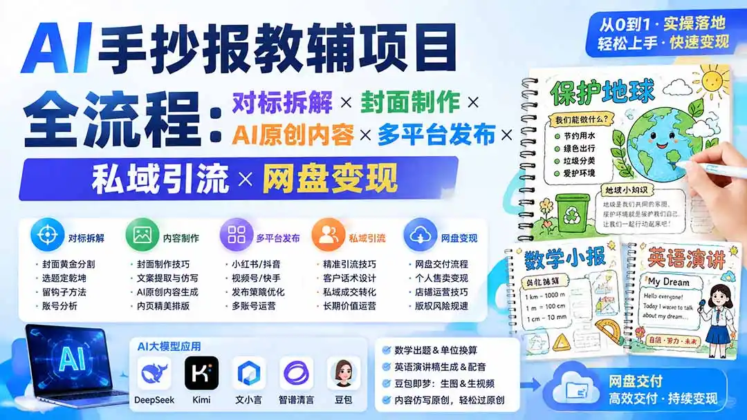 AI手抄报教辅项目全流程：对标拆解×封面制作×AI原创内容×多平台发布×私域引流×网盘变现-百盟网
