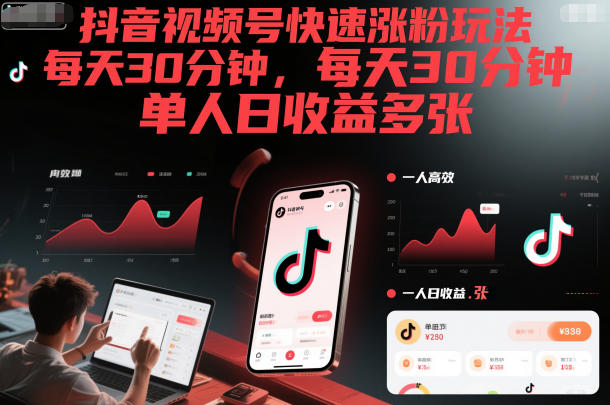 抖音视频号快速涨粉玩法,每天30分钟,单人日收益多张-百创网