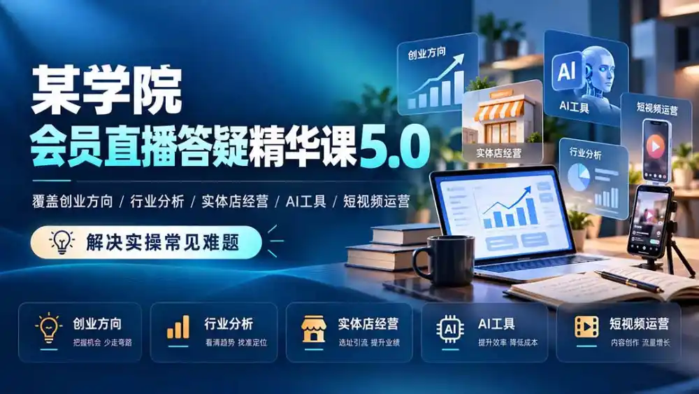 某学院会员直播答疑精华课5.0:覆盖创业方向、行业分析、实体店经营、AI工具和短视频运营,解决实操常见难题! 某学院会员直播答疑精华课5.0:覆盖创业方向、行业分析、实体店经营、AI工具和短视频运营,解决实操常见难题!